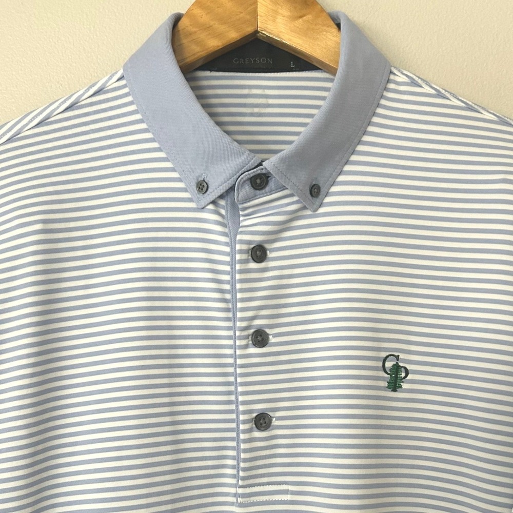 Greyson Polo Shirt Men L Blue Striped Performance Golf Short Sleeve Stretch